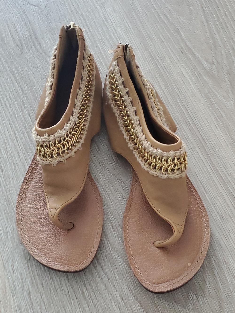 Tory Burch Tan Leather Toe-Post Sandals with Gold Chain Trim